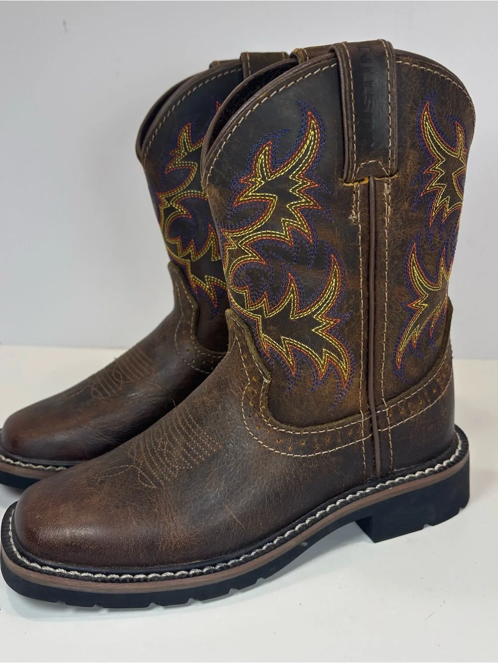 Justin Embroidered Western Boots Junior Sz 12.5 D Brown Leather Kids Square Toe